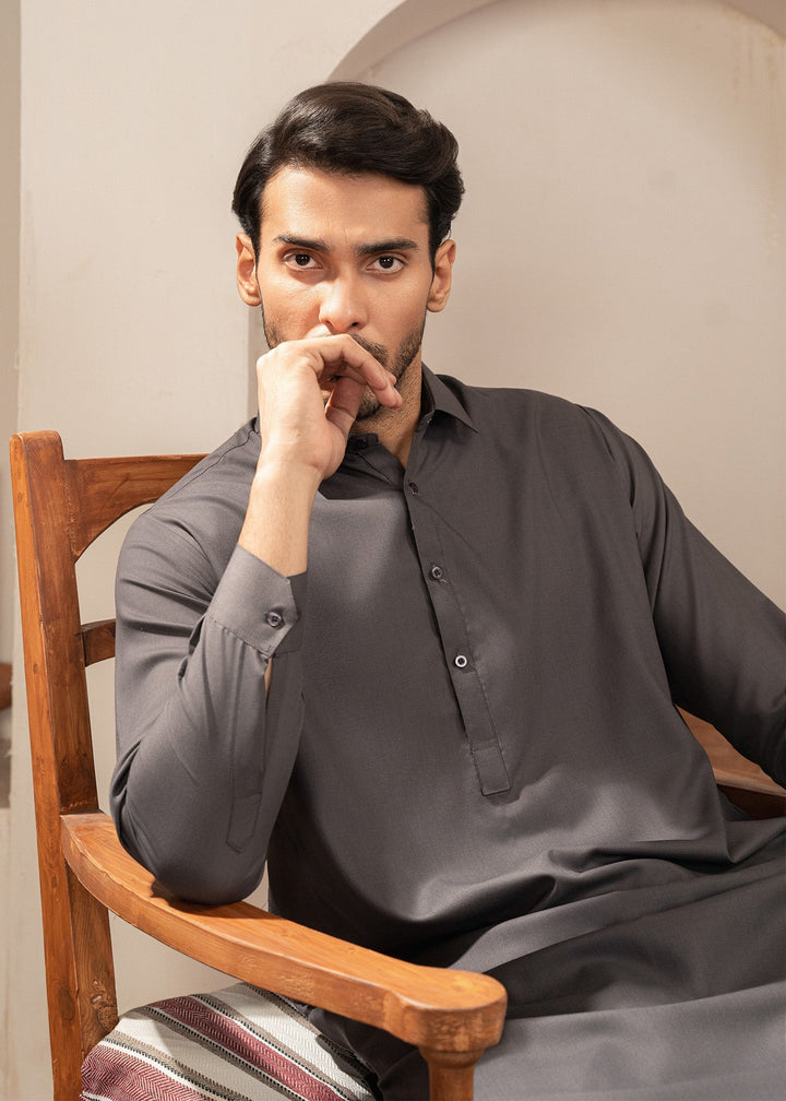 Alif by Buraq Mens RTW Solids Wash N Wear 2 Piece Suit Grey Collared Casual Collection
