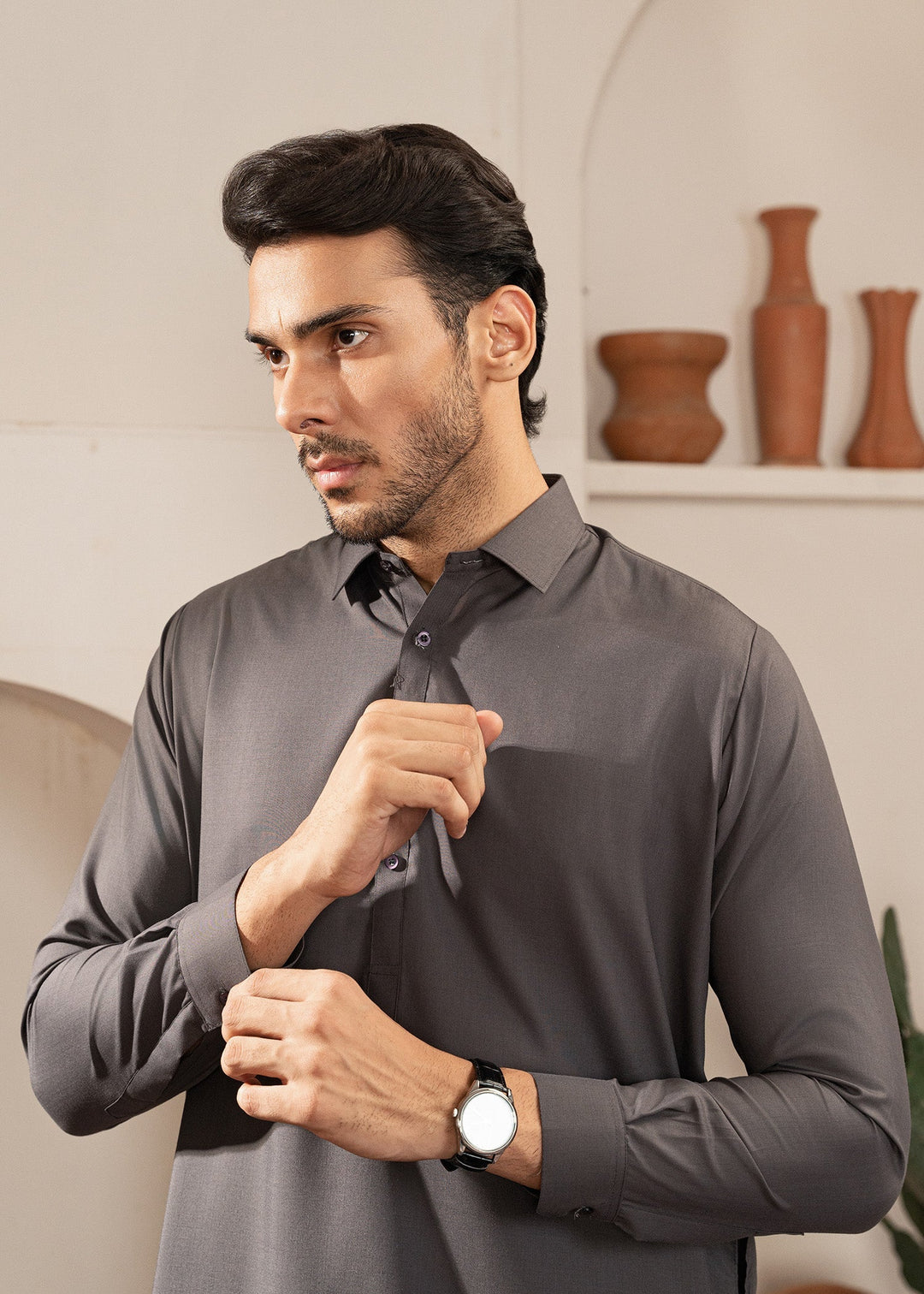 Alif by Buraq Mens RTW Solids Wash N Wear 2 Piece Suit Grey Collared Casual Collection