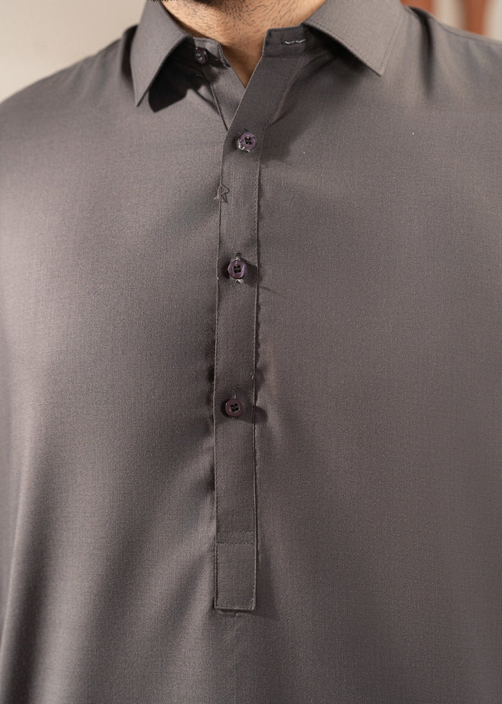 Alif by Buraq Mens RTW Solids Wash N Wear 2 Piece Suit Grey Collared Casual Collection