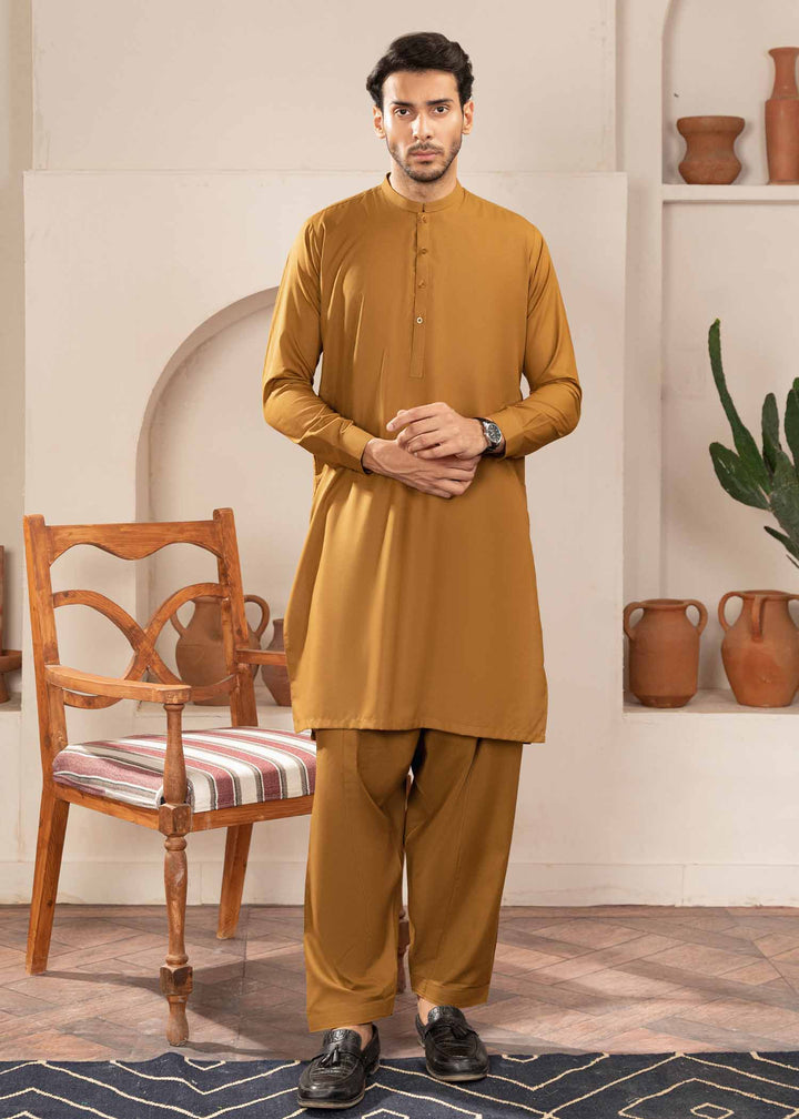 Shaandar by Buraq Mens RTW Solids Wash N Wear 2 Piece Suit Mustard Casual Collection