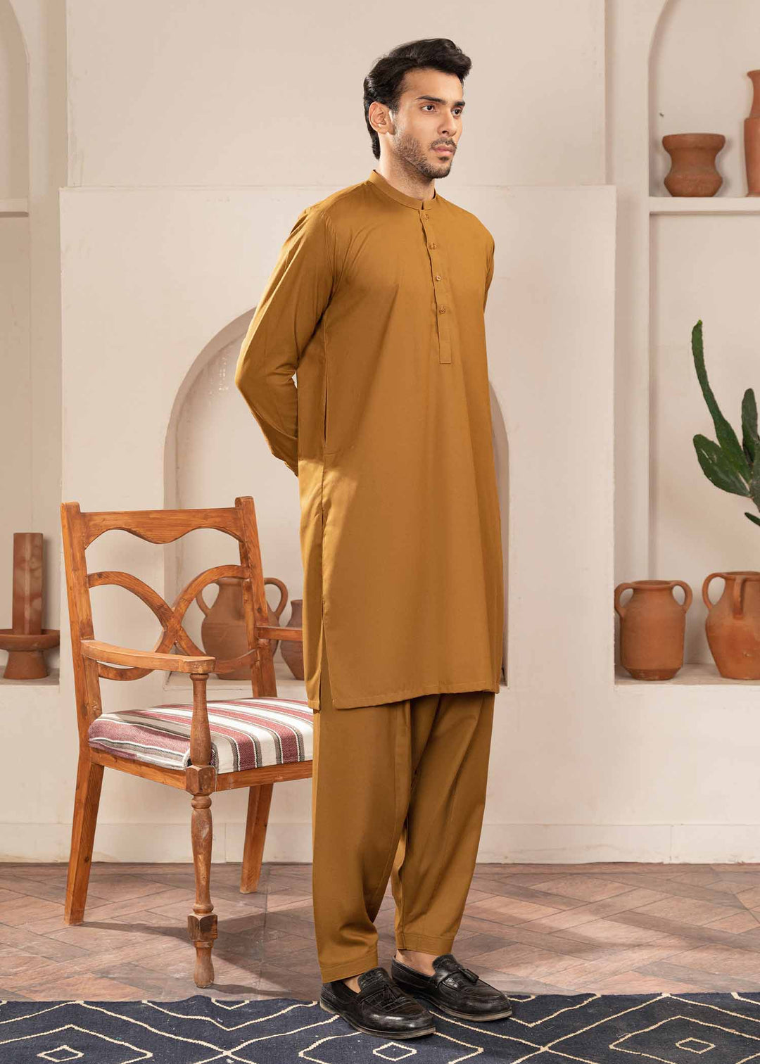 Shaandar by Buraq Mens RTW Solids Wash N Wear 2 Piece Suit Mustard Casual Collection