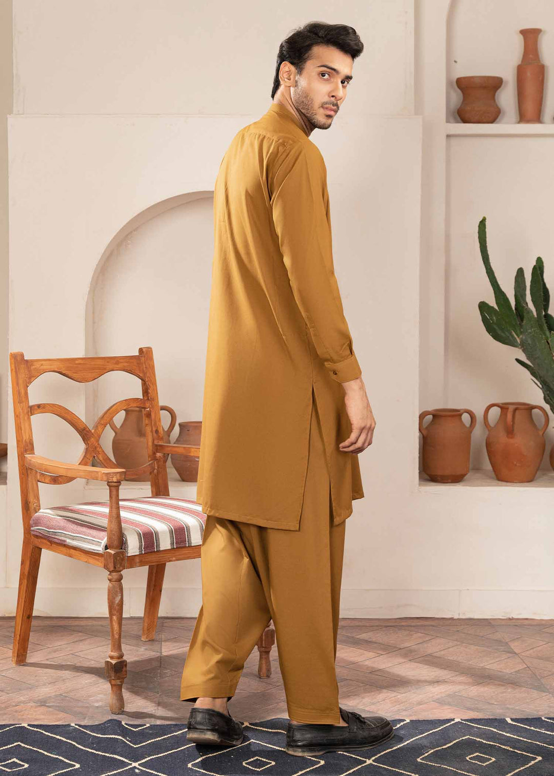 Shaandar by Buraq Mens RTW Solids Wash N Wear 2 Piece Suit Mustard Casual Collection