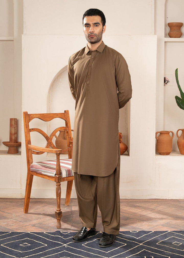 Alif by Buraq Mens RTW Solids Wash N Wear 2 Piece Suit Light Brown Collared Casual Collection
