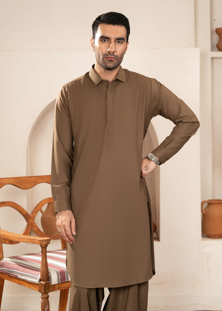 Alif by Buraq Mens RTW Solids Wash N Wear 2 Piece Suit Light Brown Collared Casual Collection