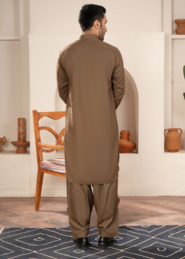 Alif by Buraq Mens RTW Solids Wash N Wear 2 Piece Suit Light Brown Collared Casual Collection