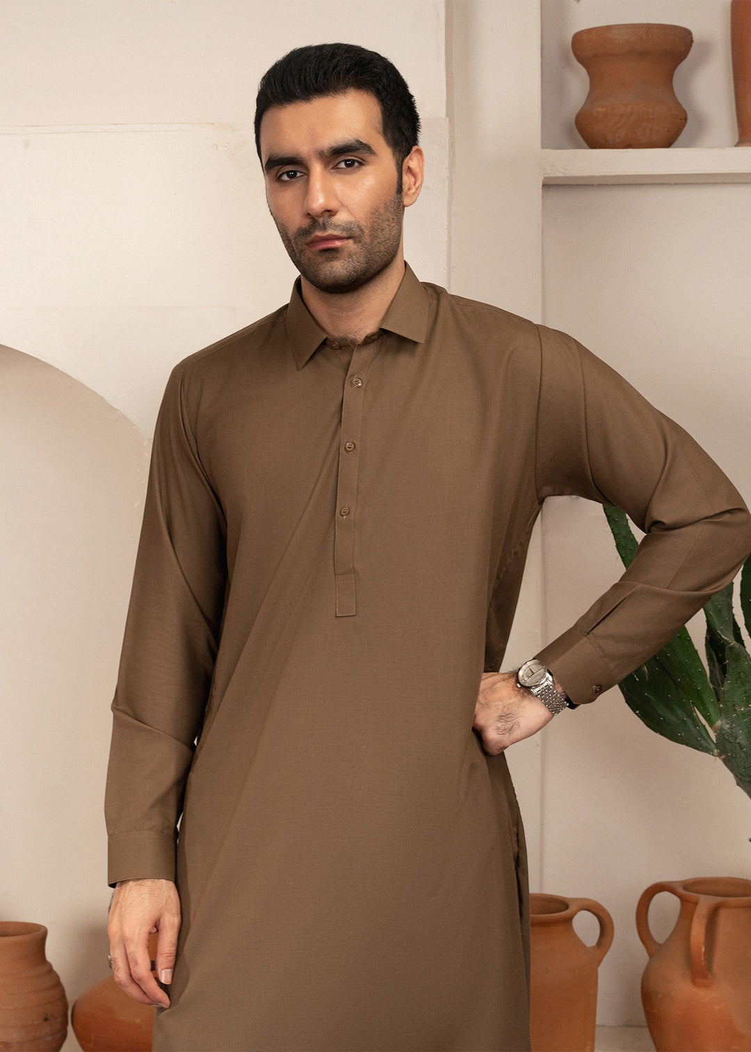 Alif by Buraq Mens RTW Solids Wash N Wear 2 Piece Suit Light Brown Collared Casual Collection