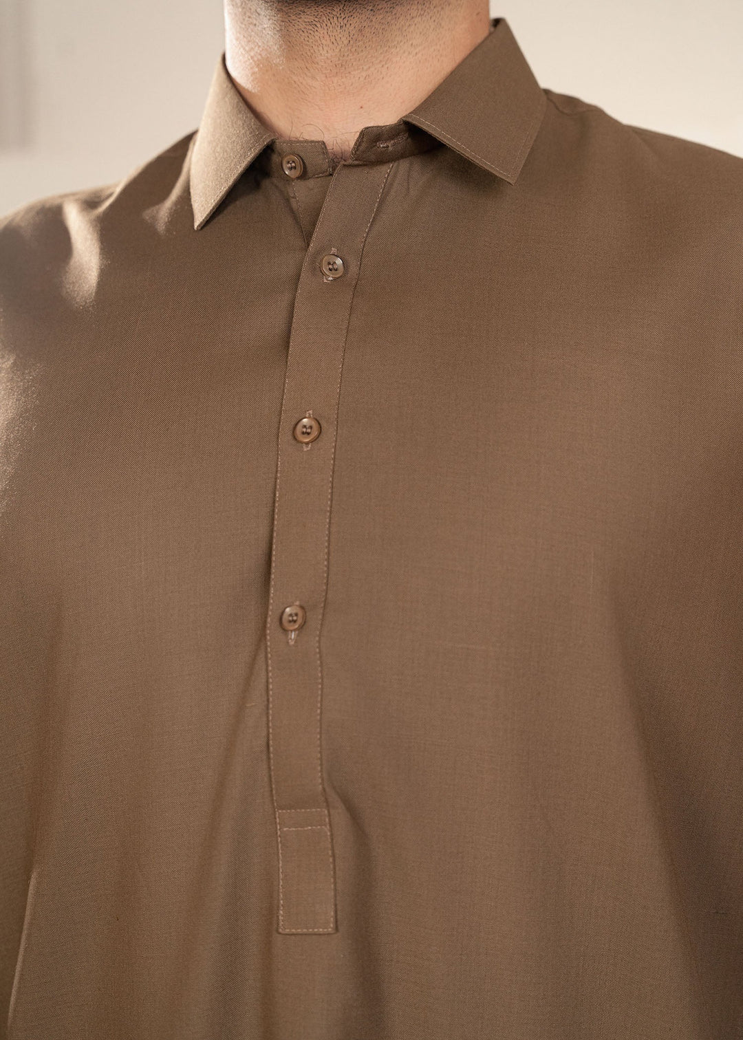 Alif by Buraq Mens RTW Solids Wash N Wear 2 Piece Suit Light Brown Collared Casual Collection