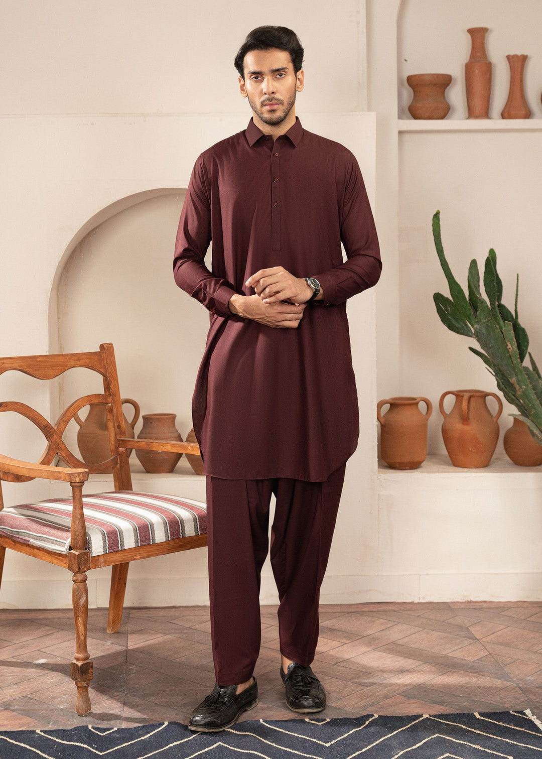 Alif by Buraq Mens RTW Solids Wash N Wear 2 Piece Suit Maroon Collared Casual Collection