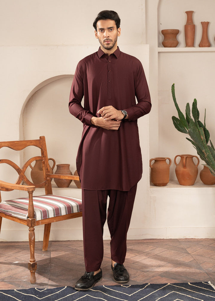 Alif by Buraq Mens RTW Solids Wash N Wear 2 Piece Suit Maroon Collared Casual Collection