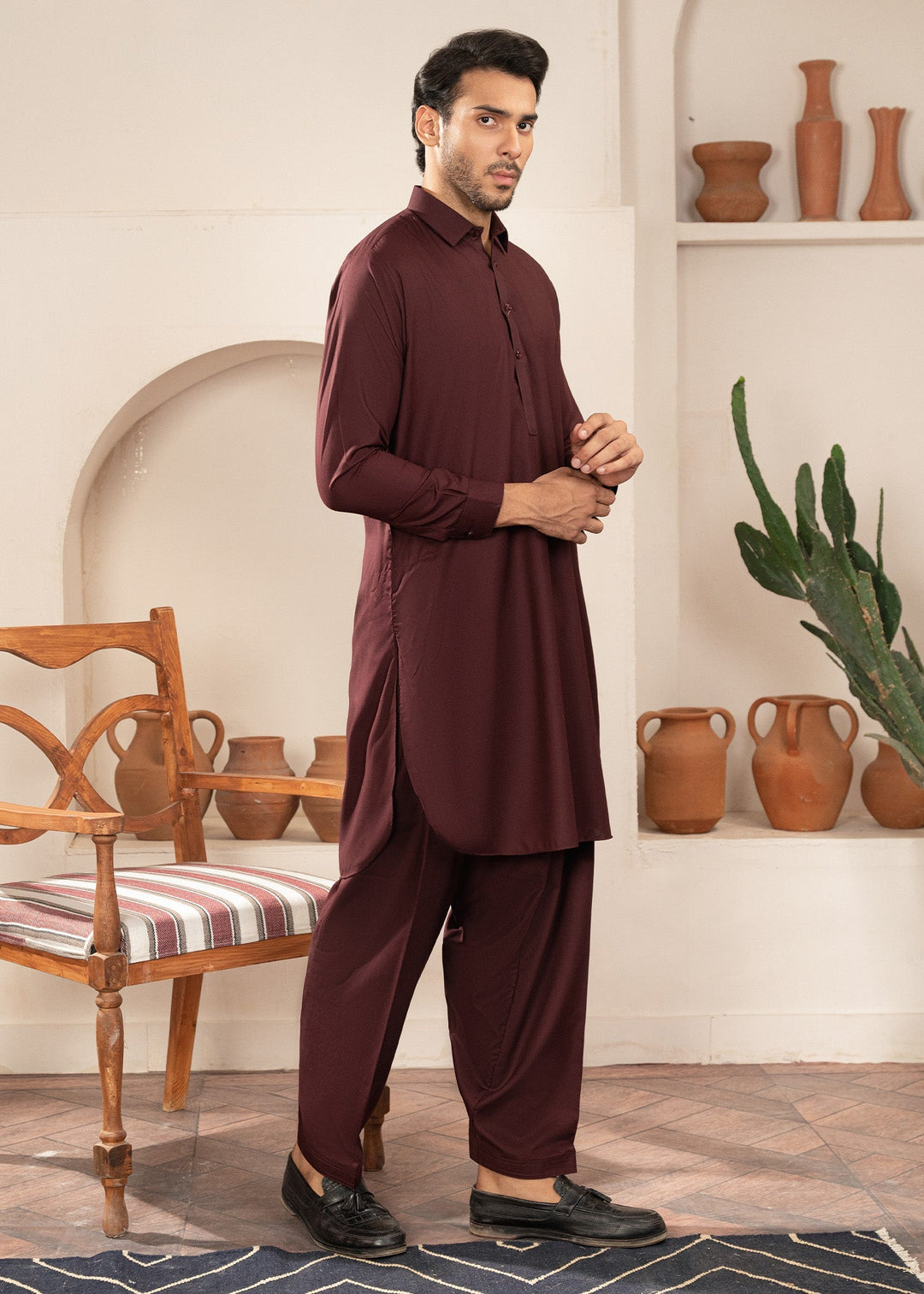 Alif by Buraq Mens RTW Solids Wash N Wear 2 Piece Suit Maroon Collared Casual Collection