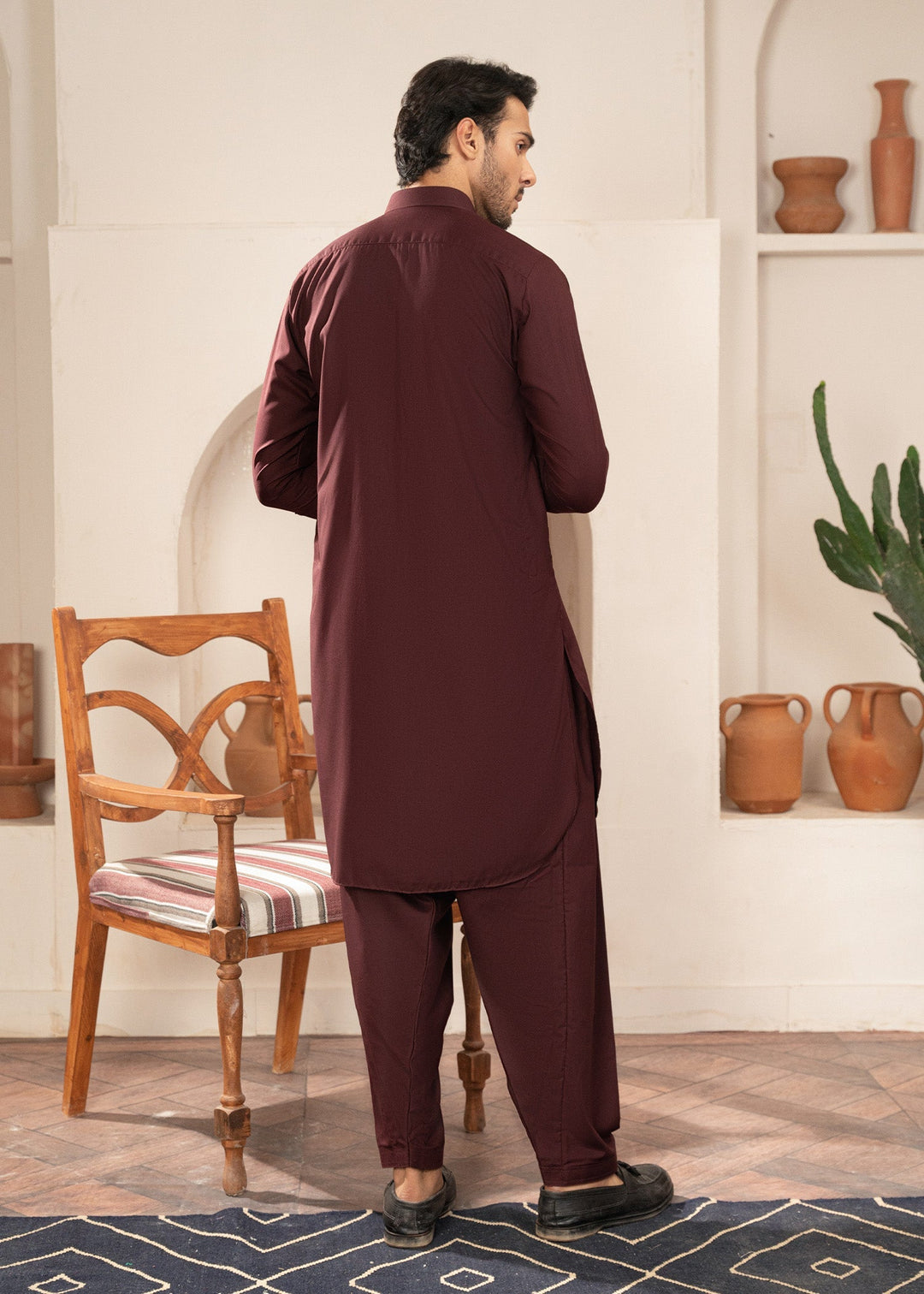 Alif by Buraq Mens RTW Solids Wash N Wear 2 Piece Suit Maroon Collared Casual Collection