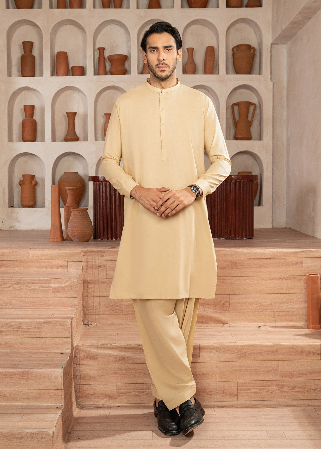 Alif by Buraq Mens RTW Solids Wash N Wear 2 Piece Suit Skin Ban Casual Collection