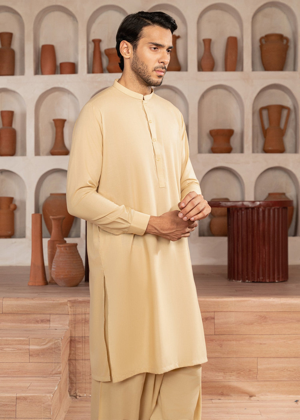 Alif by Buraq Mens RTW Solids Wash N Wear 2 Piece Suit Skin Ban Casual Collection