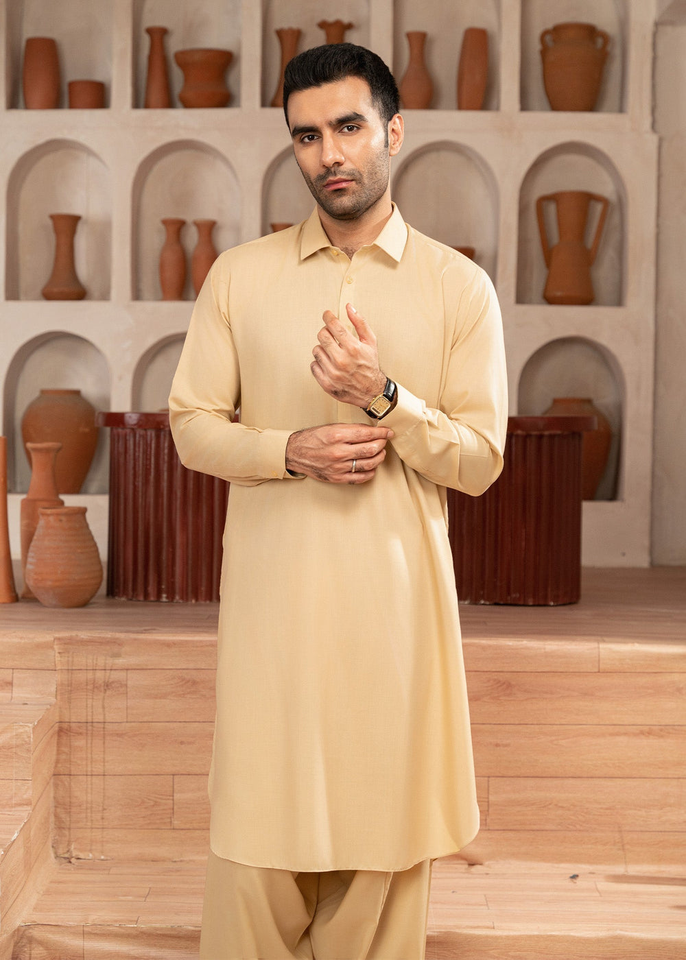 Alif by Buraq Mens RTW Solids Wash N Wear 2 Piece Suit Skin Collared Casual Collection
