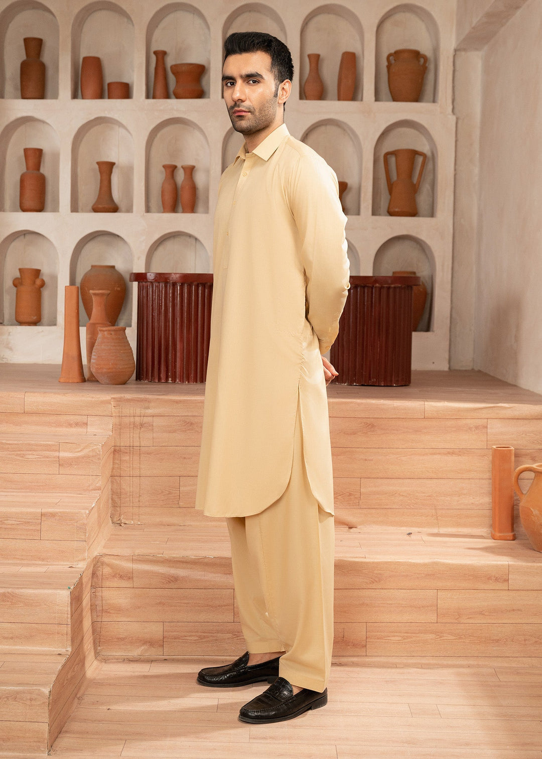 Alif by Buraq Mens RTW Solids Wash N Wear 2 Piece Suit Skin Collared Casual Collection