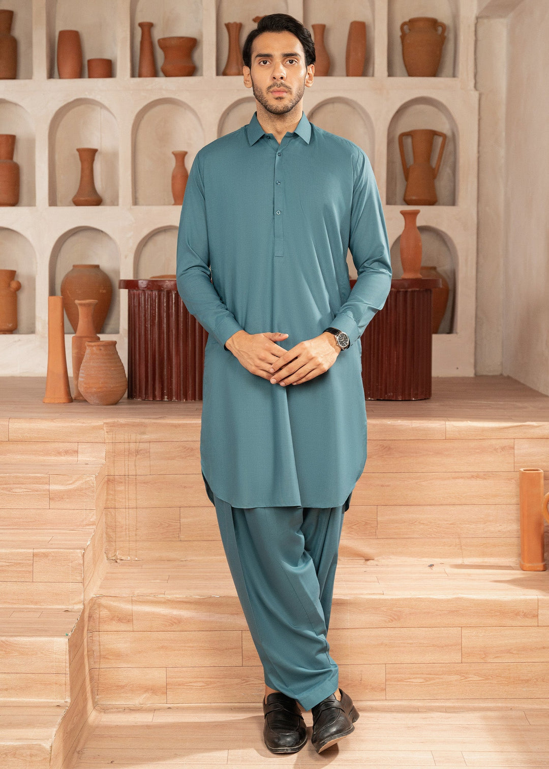 Alif by Buraq Mens RTW Solids Wash N Wear 2 Piece Suit Aqua Green Collar Casual Collection