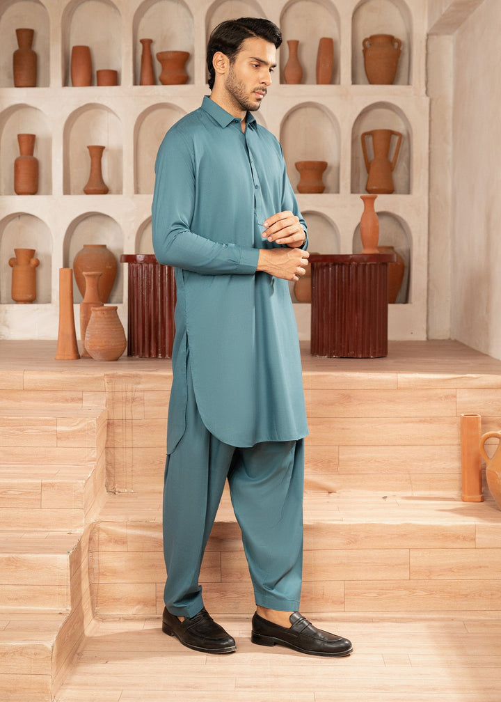 Alif by Buraq Mens RTW Solids Wash N Wear 2 Piece Suit Aqua Green Collar Casual Collection