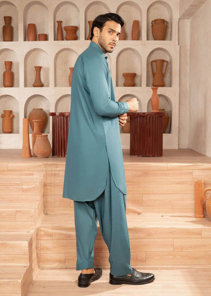 Alif by Buraq Mens RTW Solids Wash N Wear 2 Piece Suit Aqua Green Collar Casual Collection