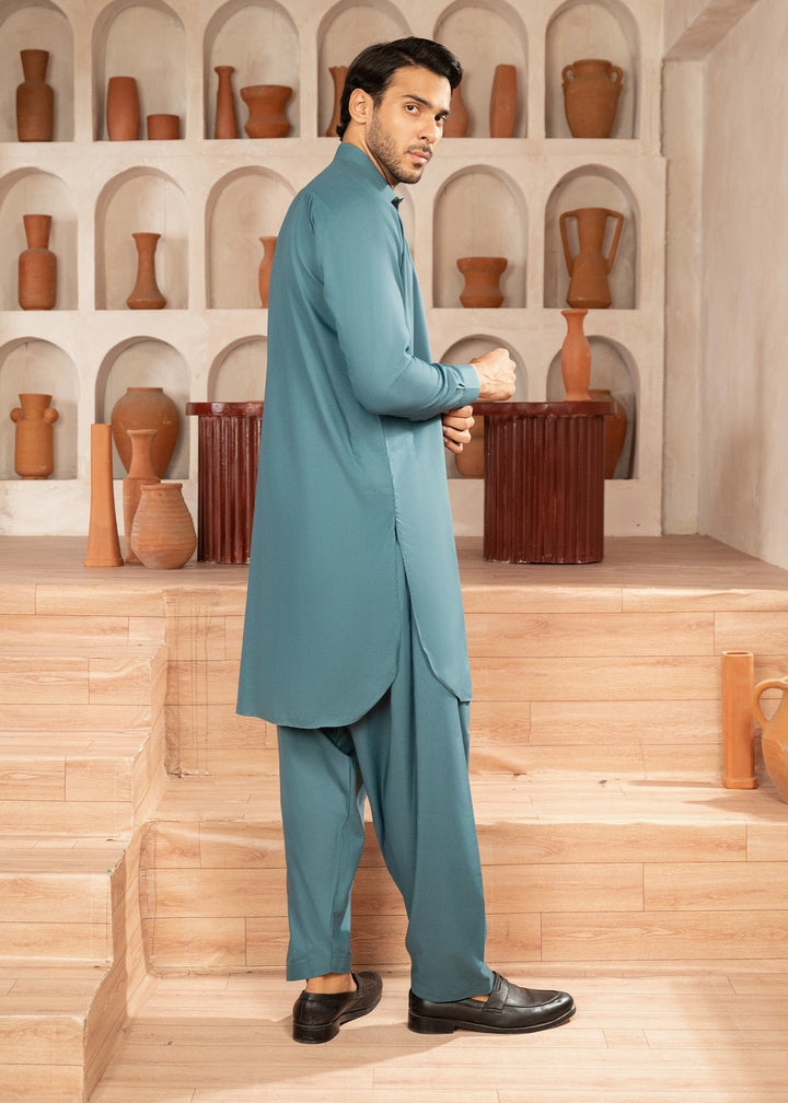 Alif by Buraq Mens RTW Solids Wash N Wear 2 Piece Suit Aqua Green Collar Casual Collection