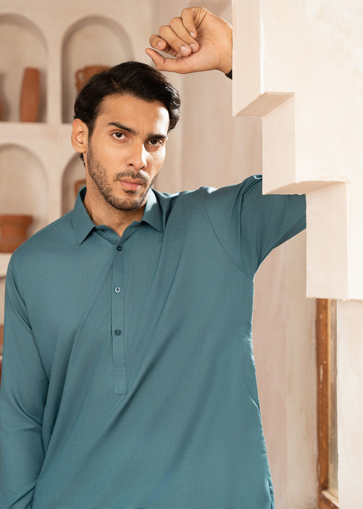 Alif by Buraq Mens RTW Solids Wash N Wear 2 Piece Suit Aqua Green Collar Casual Collection