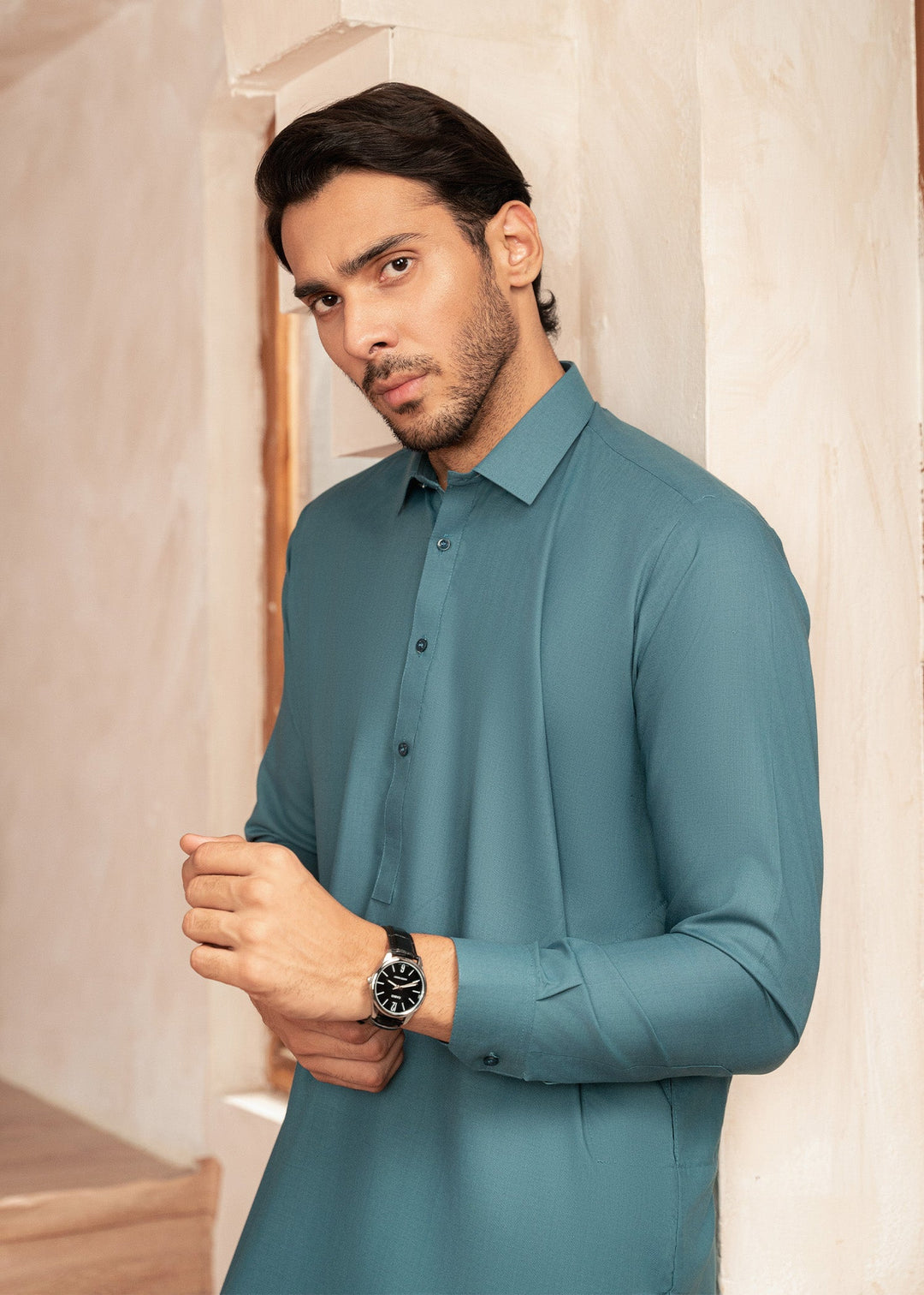 Alif by Buraq Mens RTW Solids Wash N Wear 2 Piece Suit Aqua Green Collar Casual Collection