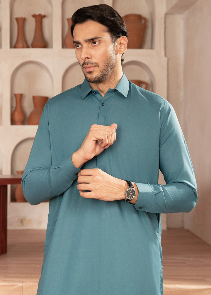 Alif by Buraq Mens RTW Solids Wash N Wear 2 Piece Suit Aqua Green Collar Casual Collection
