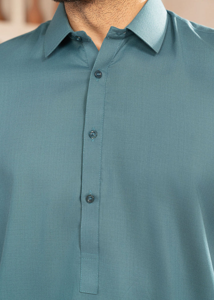 Alif by Buraq Mens RTW Solids Wash N Wear 2 Piece Suit Aqua Green Collar Casual Collection