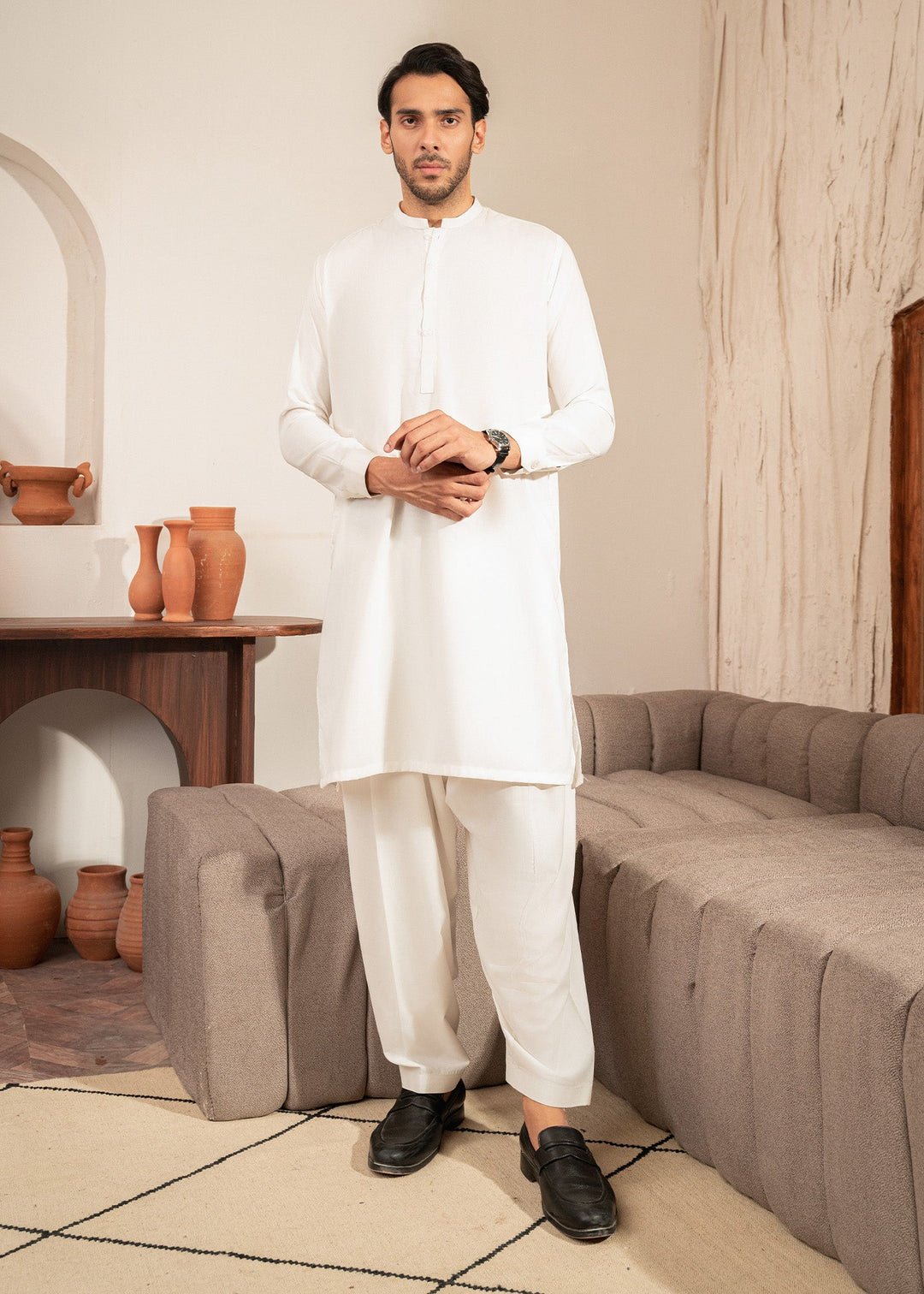 Alif by Buraq Mens RTW Solids Wash N Wear 2 Piece Suit Ivory ban Casual Collection