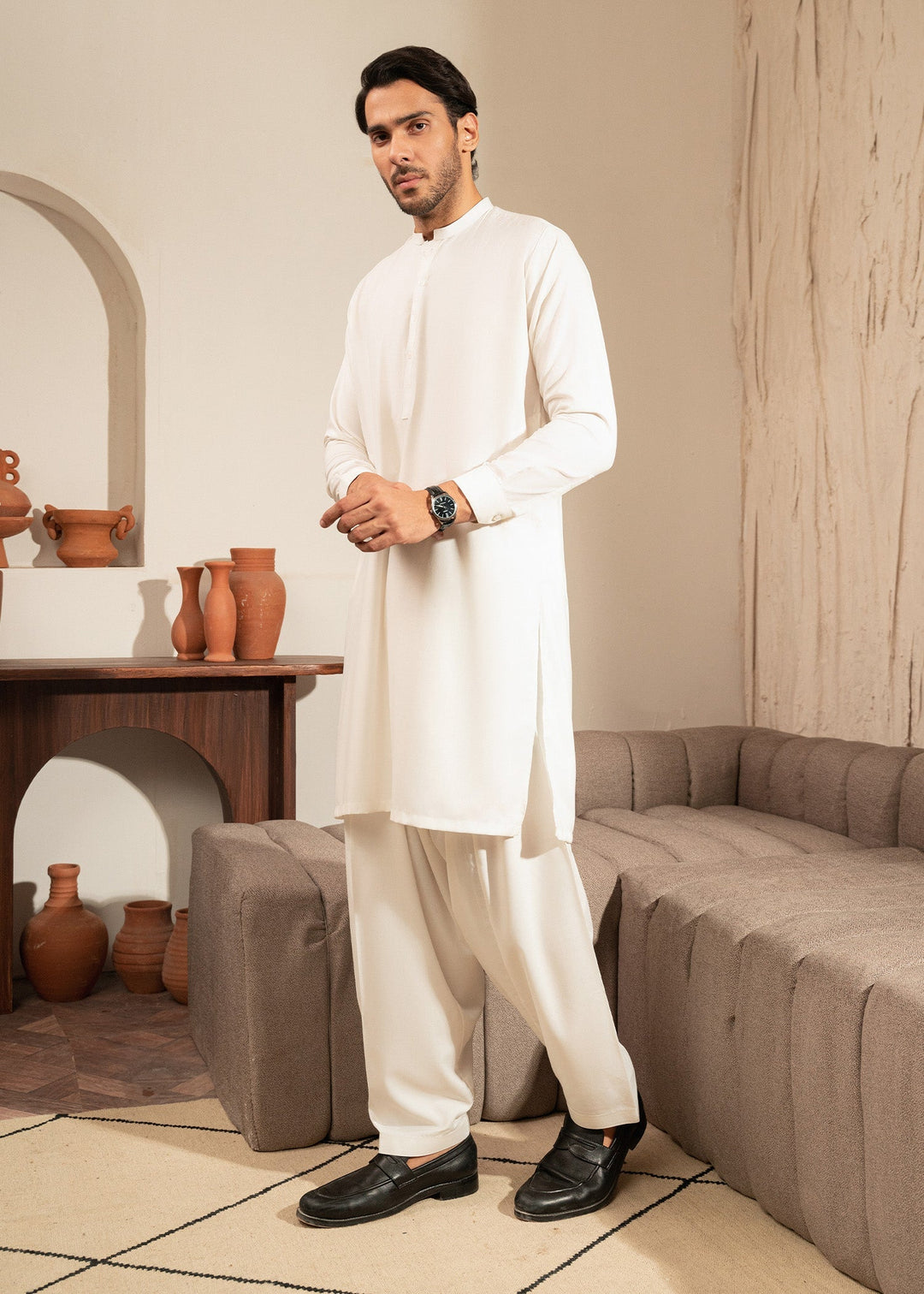 Alif by Buraq Mens RTW Solids Wash N Wear 2 Piece Suit Ivory ban Casual Collection