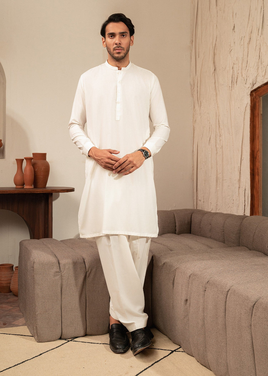 Alif by Buraq Mens RTW Solids Wash N Wear 2 Piece Suit Ivory ban Casual Collection