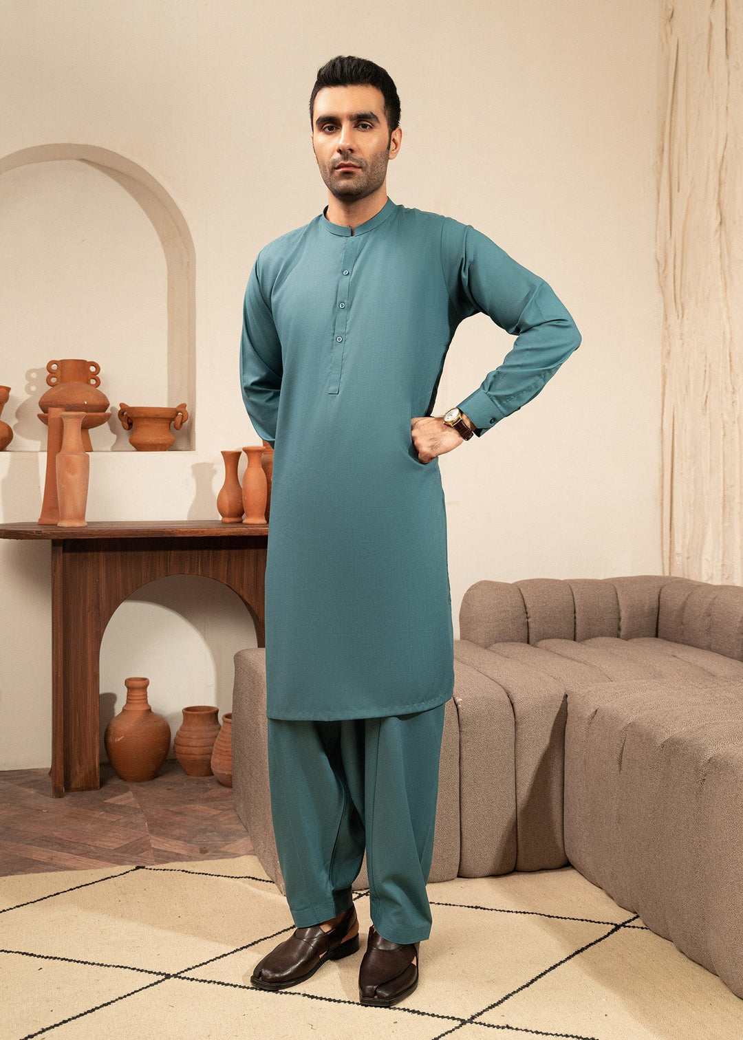 Alif by Buraq Mens RTW Solids Wash N Wear 2 Piece Suit Sea Green Ban Casual Collection