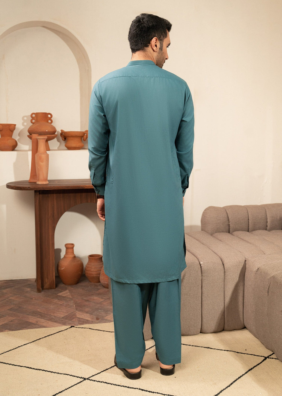 Alif by Buraq Mens RTW Solids Wash N Wear 2 Piece Suit Sea Green Ban Casual Collection