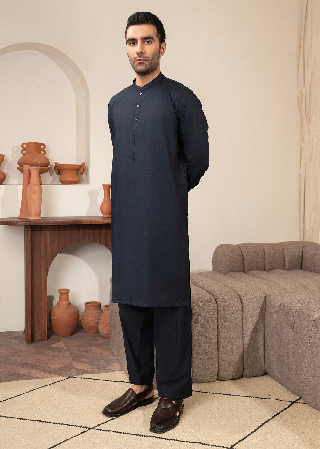 Alif by Buraq Mens RTW Solids Wash N Wear 2 Piece Suit Blue Ban Casual Collection