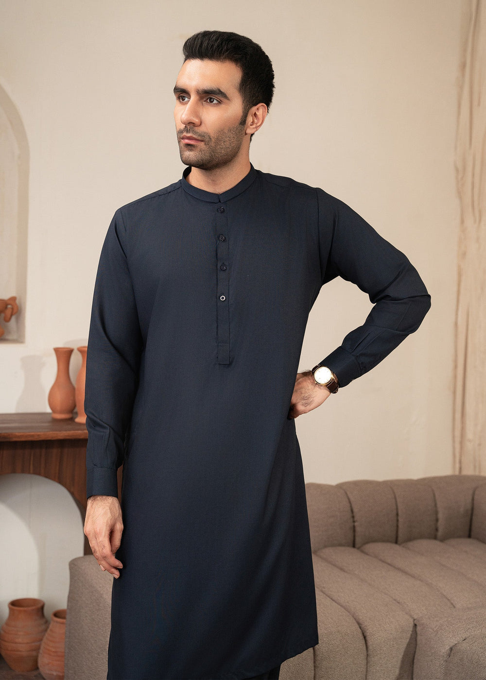 Alif by Buraq Mens RTW Solids Wash N Wear 2 Piece Suit Blue Ban Casual Collection