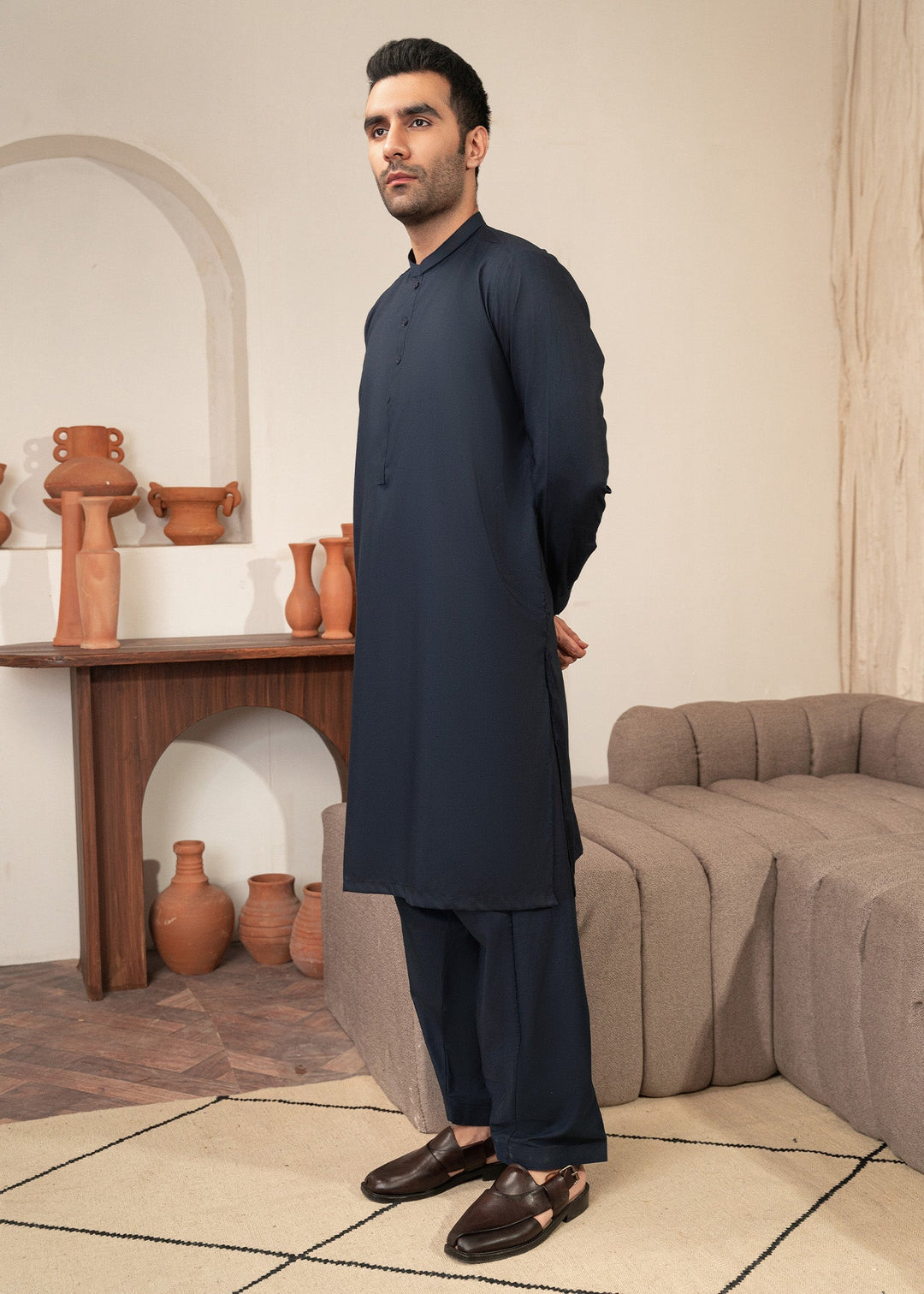 Alif by Buraq Mens RTW Solids Wash N Wear 2 Piece Suit Blue Ban Casual Collection
