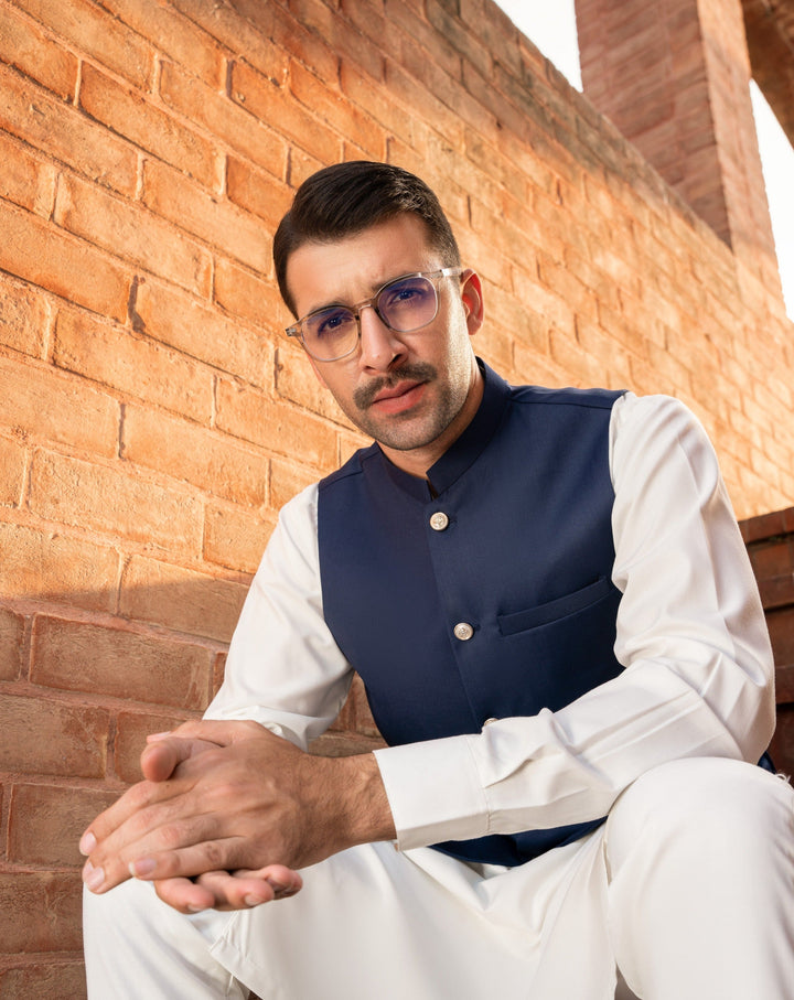 Muraqsh Ready To Wear Solids Cotton Men Off White Kameez Shalwar with Navy Blue Suiting Waistcoat Round Cut MUR-BO-KS - Summer Collection