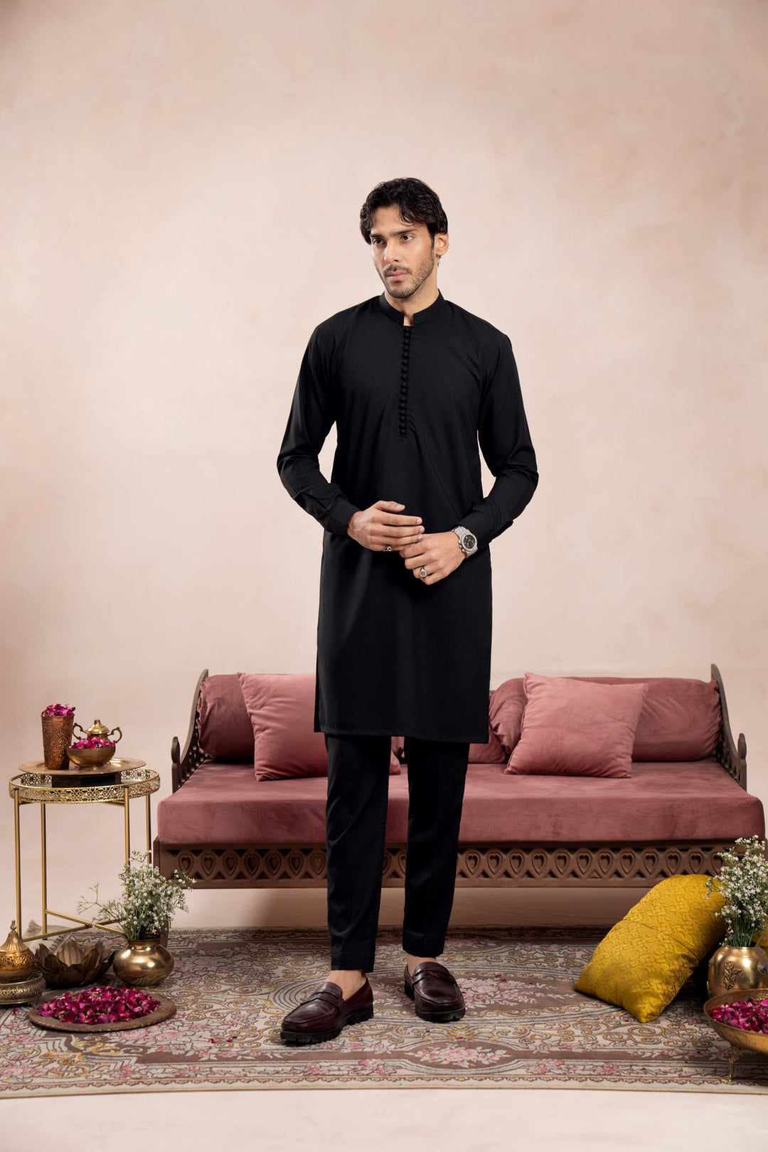 Muraqsh Ready To Wear Solids Cotton Men Crow Black Blended Kurta Trouser Loop Buttons ABD-BLACKOOP - Summer Collection