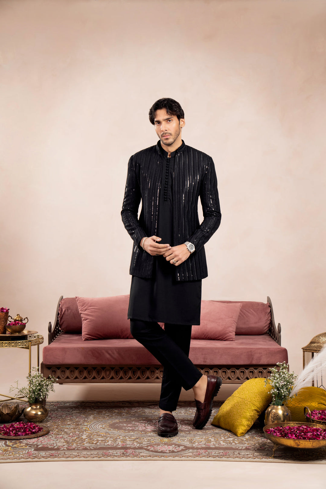 Muraqsh Ready To Wear Embroidered Cotton Men Black Falling Arrow Sequin Open Prince Coat MUR-BFASE - Summer Collection