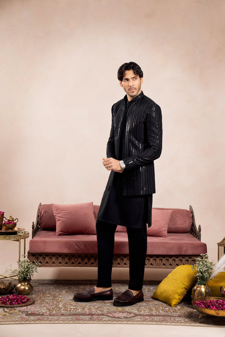 Muraqsh Ready To Wear Embroidered Cotton Men Black Falling Arrow Sequin Open Prince Coat MUR-BFASE - Summer Collection