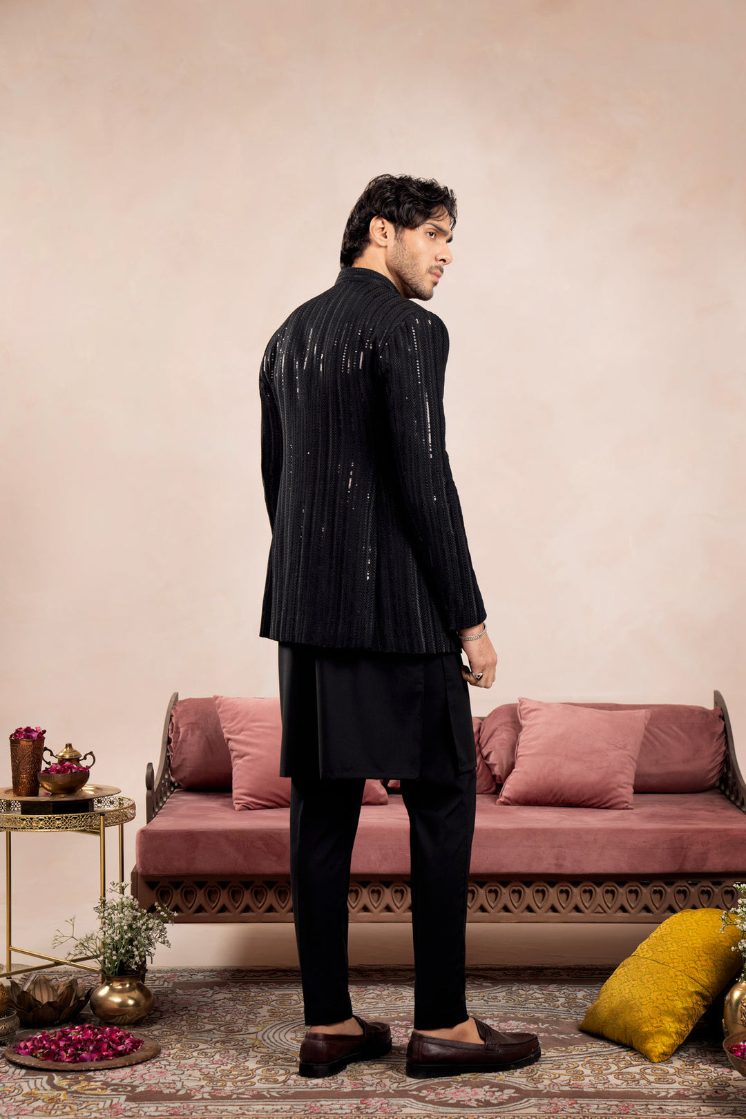 Muraqsh Ready To Wear Embroidered Cotton Men Black Falling Arrow Sequin Open Prince Coat MUR-BFASE - Summer Collection