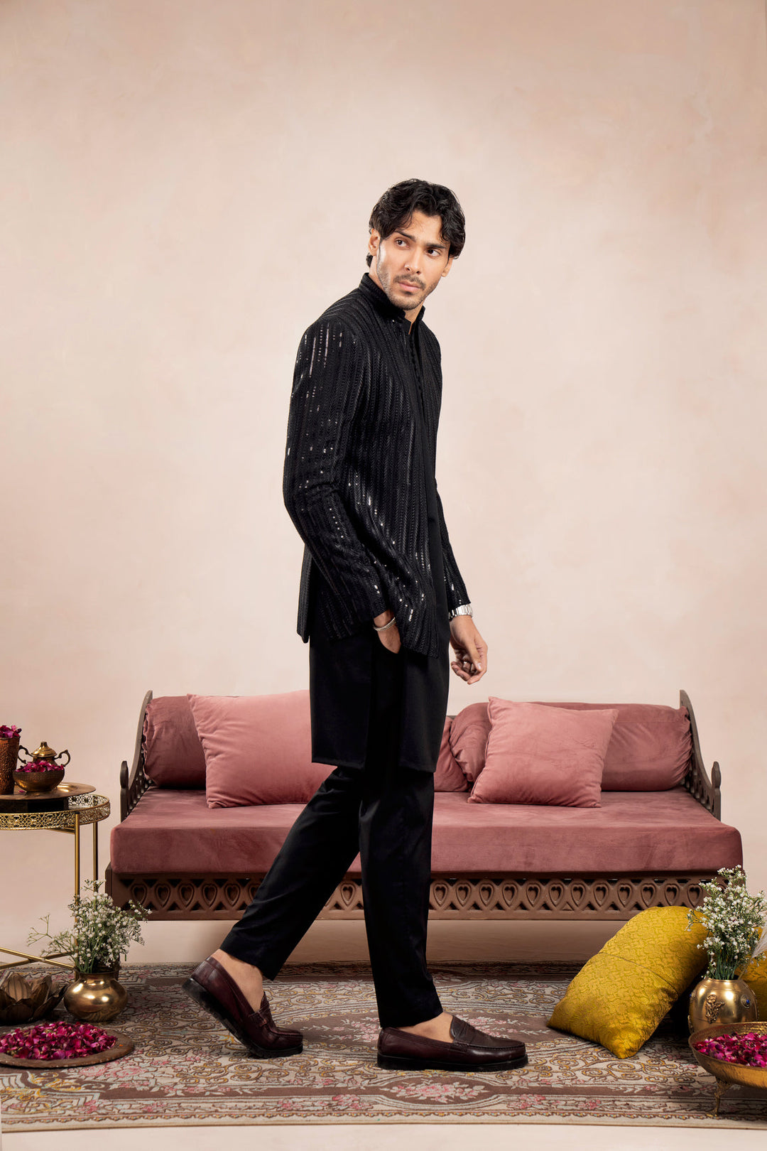 Muraqsh Ready To Wear Embroidered Cotton Men Black Falling Arrow Sequin Open Prince Coat MUR-BFASE - Summer Collection