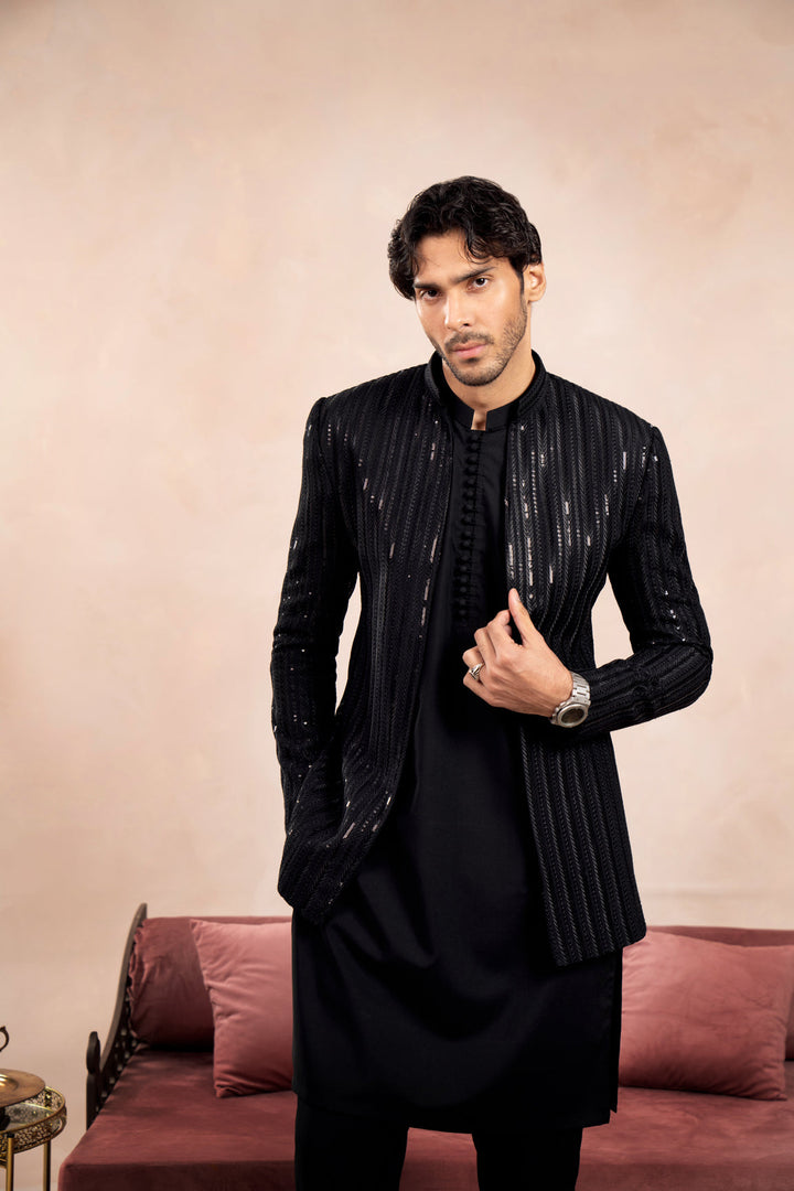 Muraqsh Ready To Wear Embroidered Cotton Men Black Falling Arrow Sequin Open Prince Coat MUR-BFASE - Summer Collection