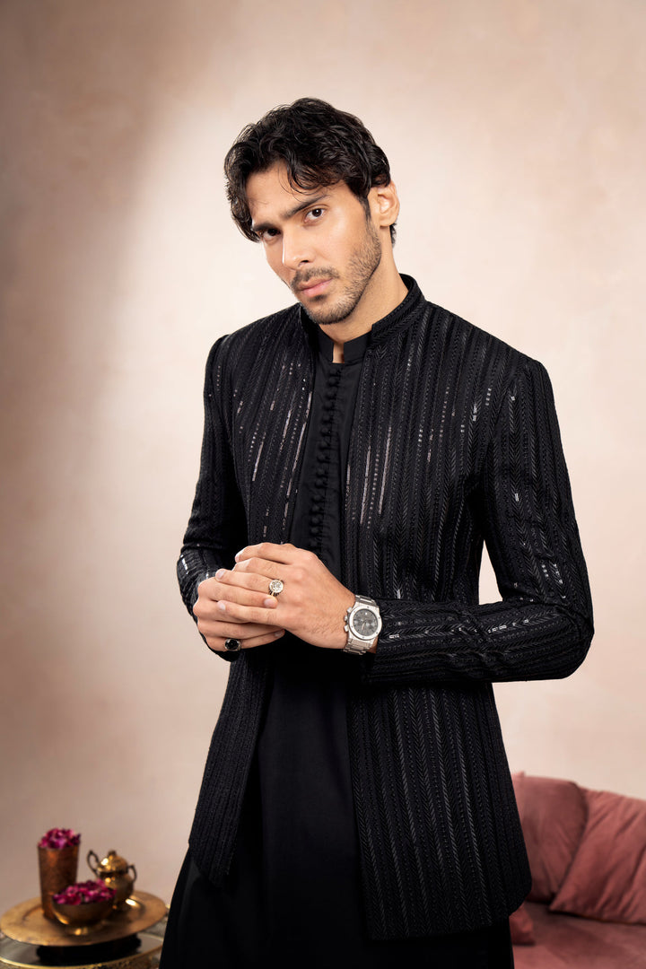 Muraqsh Ready To Wear Embroidered Cotton Men Black Falling Arrow Sequin Open Prince Coat MUR-BFASE - Summer Collection