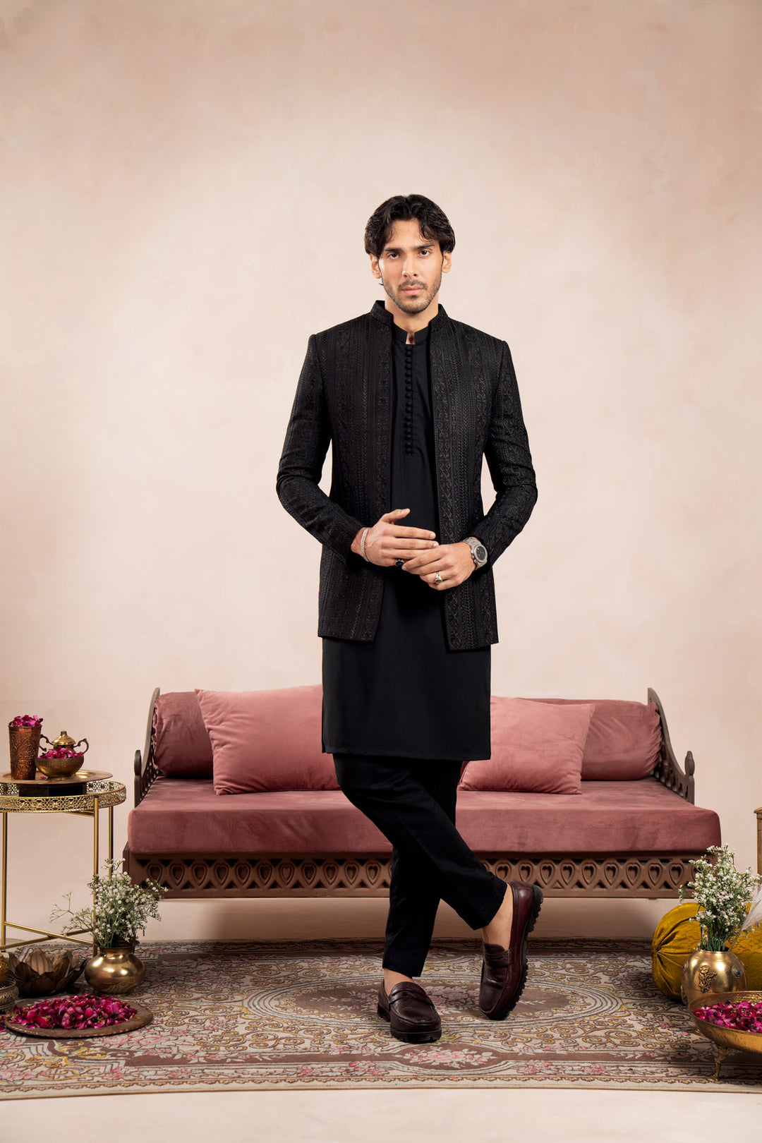 Muraqsh Ready To Wear Embroidered Cotton Men Black Cross Stitched Open Prince Coat MUR-BCSEO - Summer Collection