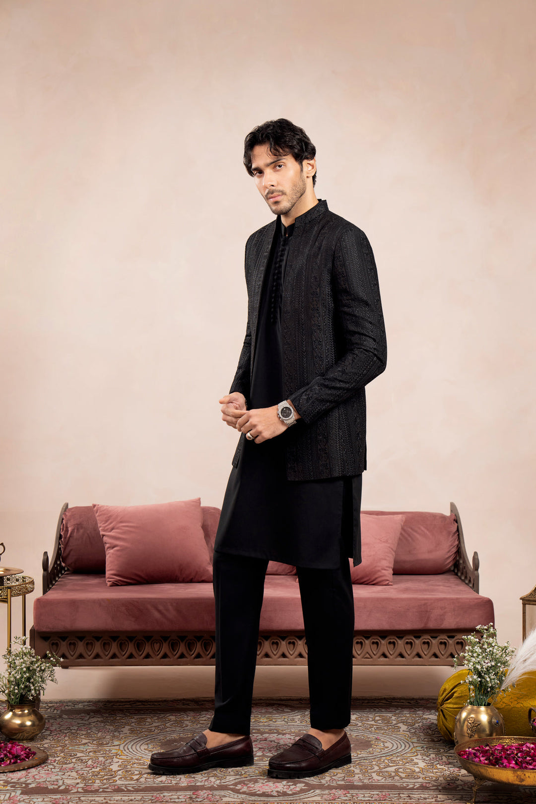 Muraqsh Ready To Wear Embroidered Cotton Men Black Loop Kurta Trouser with Cross Stitched Open Prince Coat ABD-BLKTW - Summer Collection
