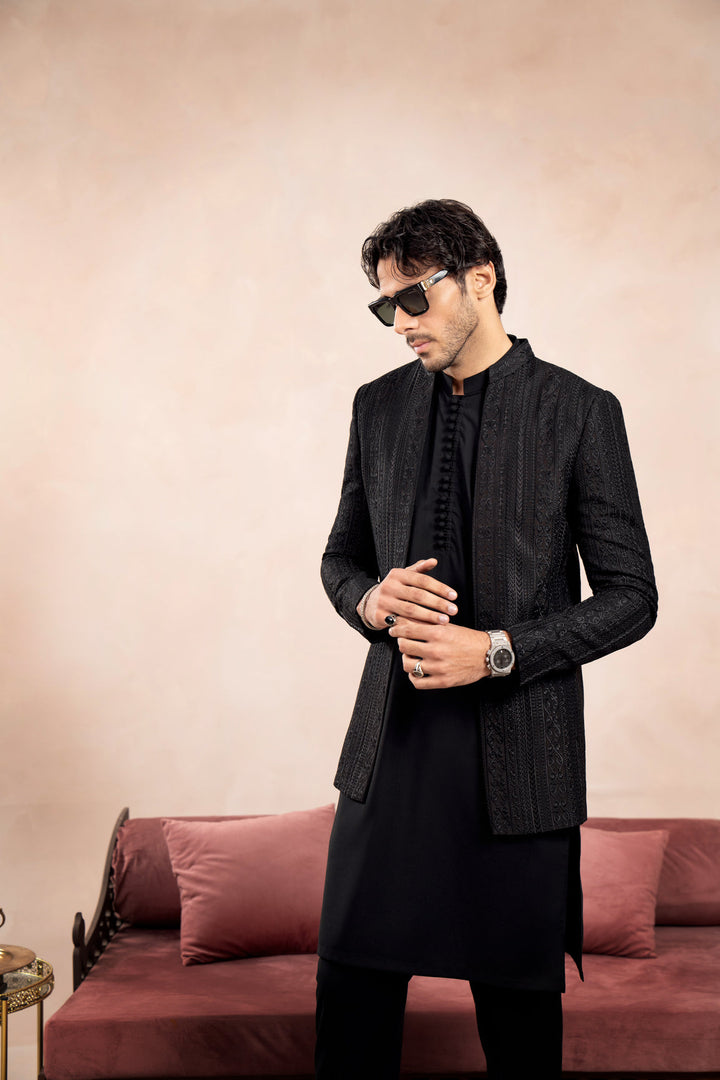 Muraqsh Ready To Wear Embroidered Cotton Men Black Cross Stitched Open Prince Coat MUR-BCSEO - Summer Collection