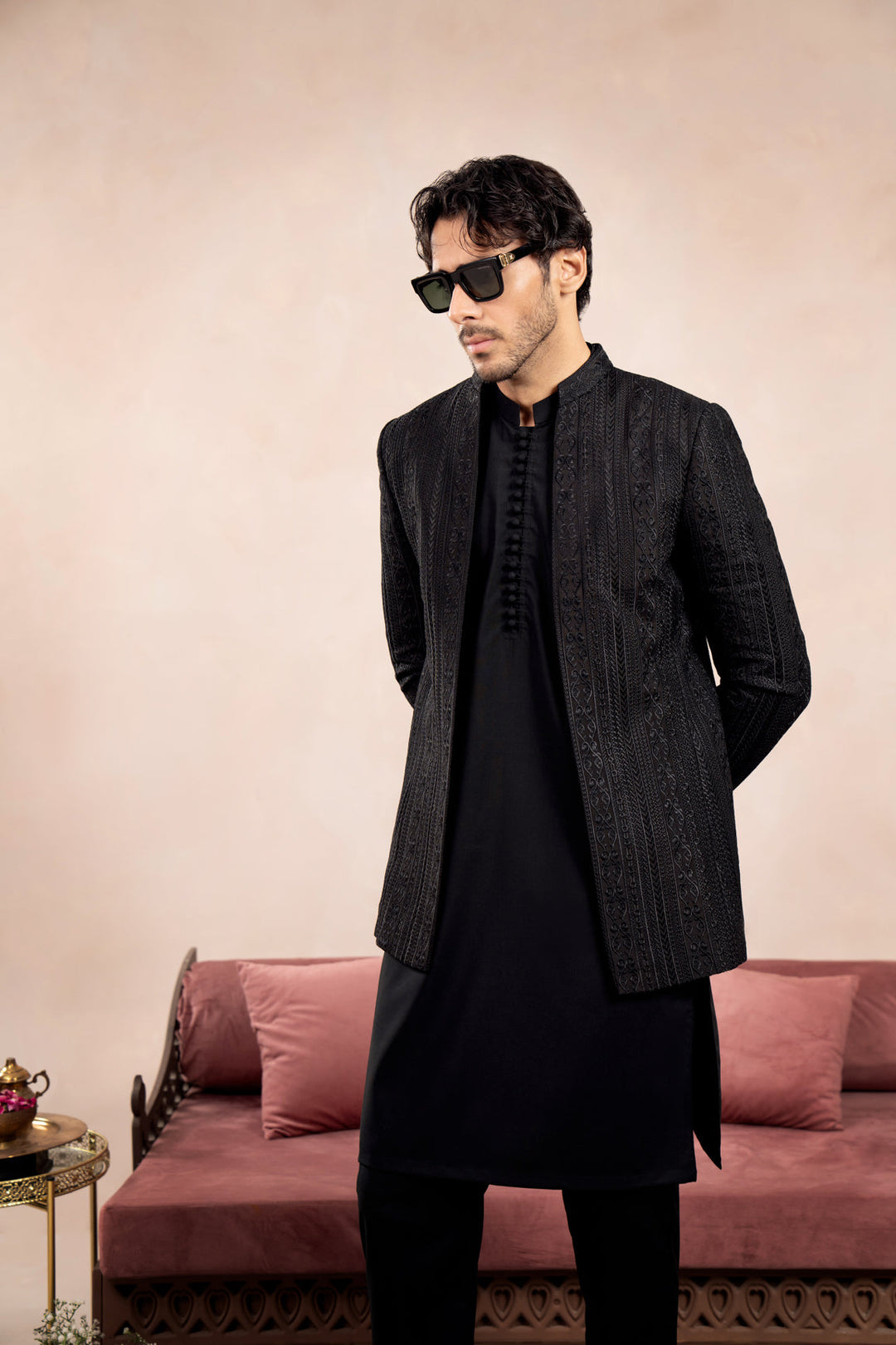 Muraqsh Ready To Wear Embroidered Cotton Men Black Loop Kurta Trouser with Cross Stitched Open Prince Coat ABD-BLKTW - Summer Collection