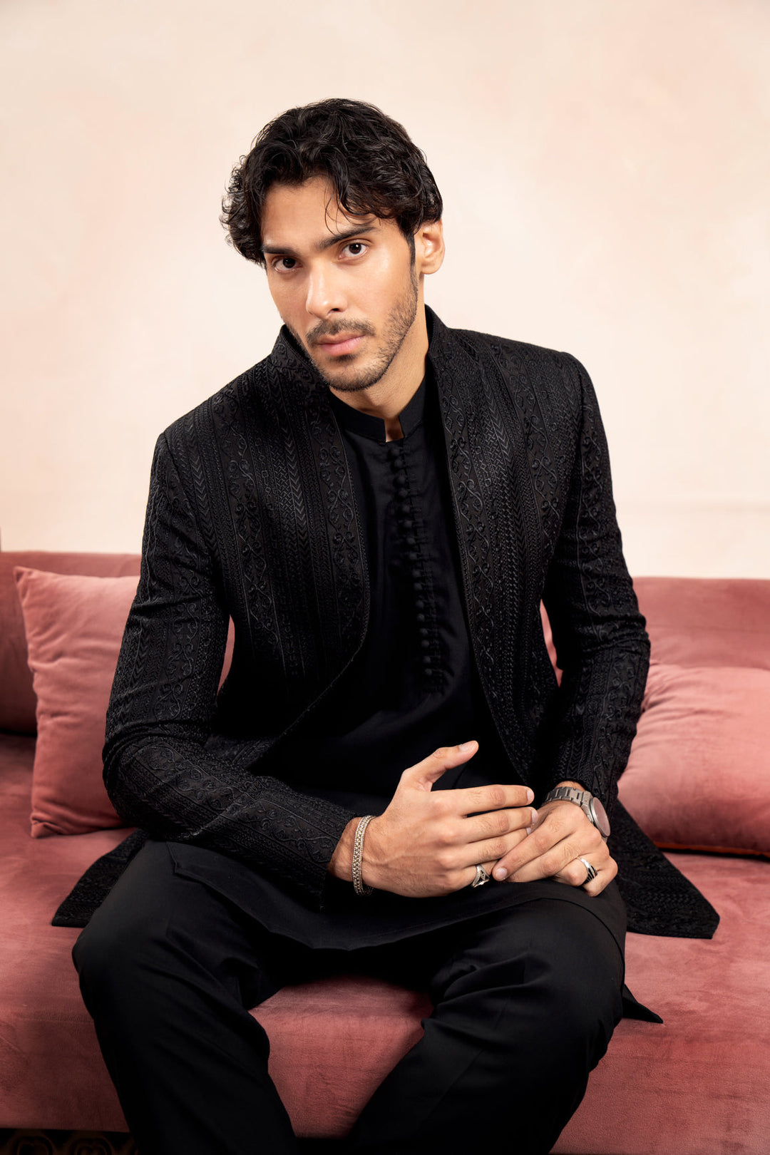 Muraqsh Ready To Wear Embroidered Cotton Men Black Loop Kurta Trouser with Cross Stitched Open Prince Coat ABD-BLKTW - Summer Collection