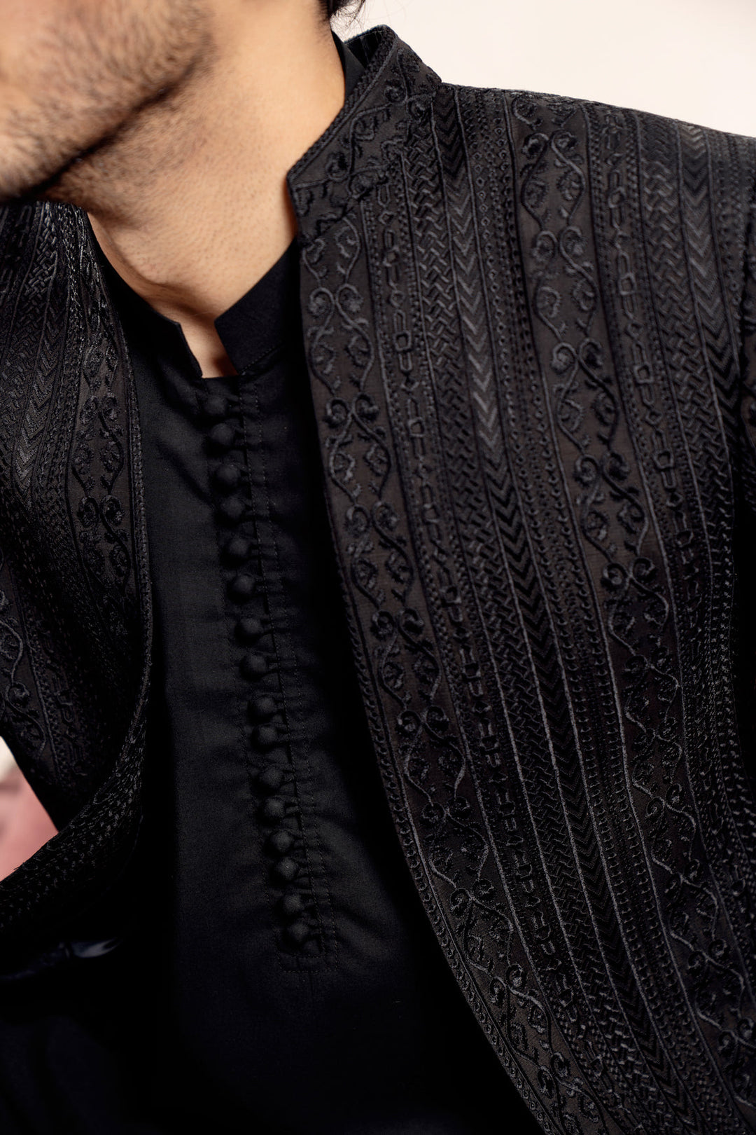 Muraqsh Ready To Wear Embroidered Cotton Men Black Cross Stitched Open Prince Coat MUR-BCSEO - Summer Collection