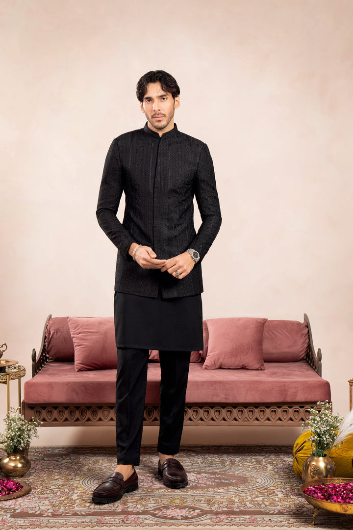 Muraqsh Ready To Wear Embroidered Cotton Men Black Kurta Trouser with Cross Stitched Prince Coat ABD-BKTWC - Summer Collection